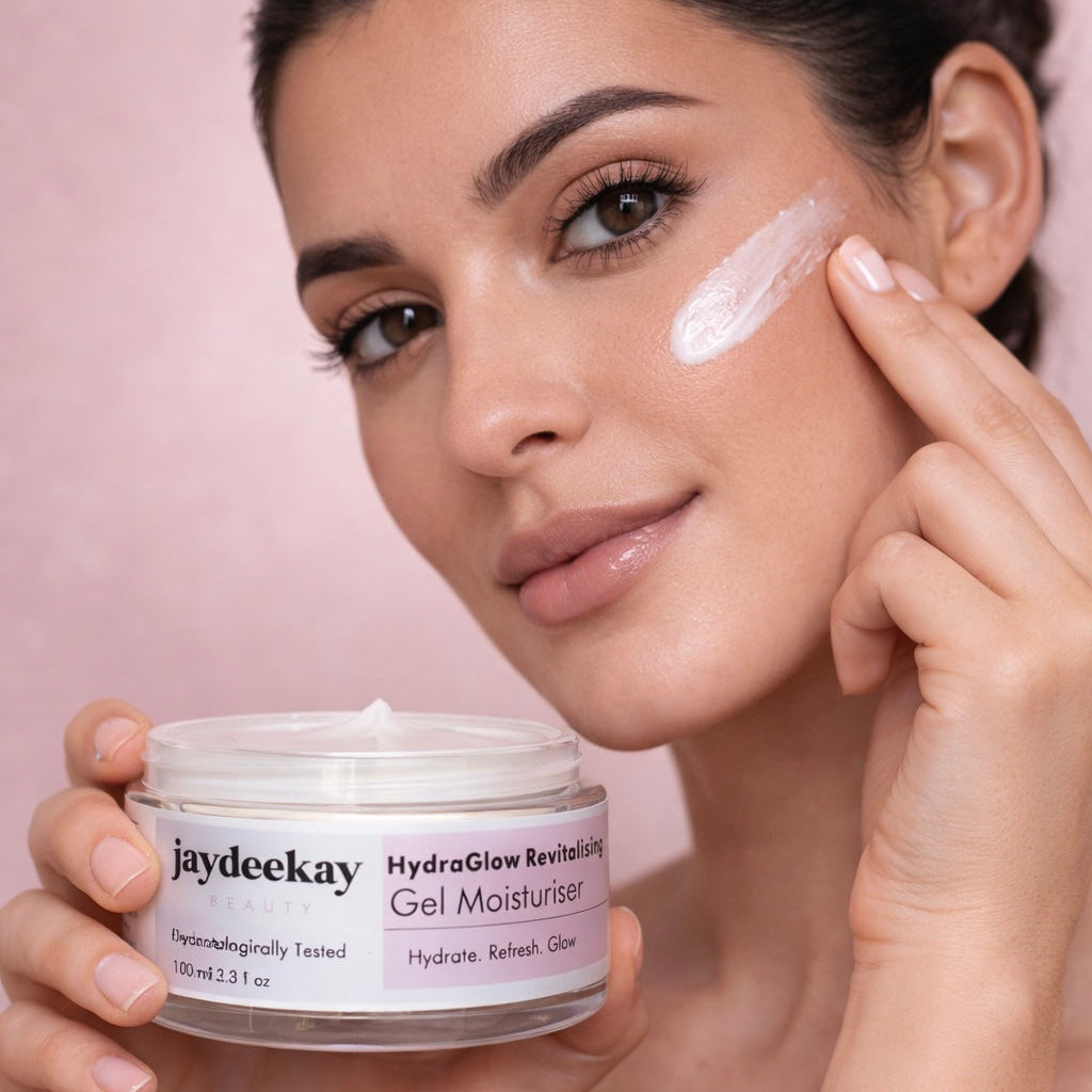 Woman applying gel moisturizer to her face with a jar of Jaydeekay product.
