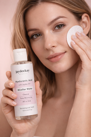 Woman applying facial cleanser with a bottle of JayDeeKay Hyaluronic Acid Micellar Water on a pink background