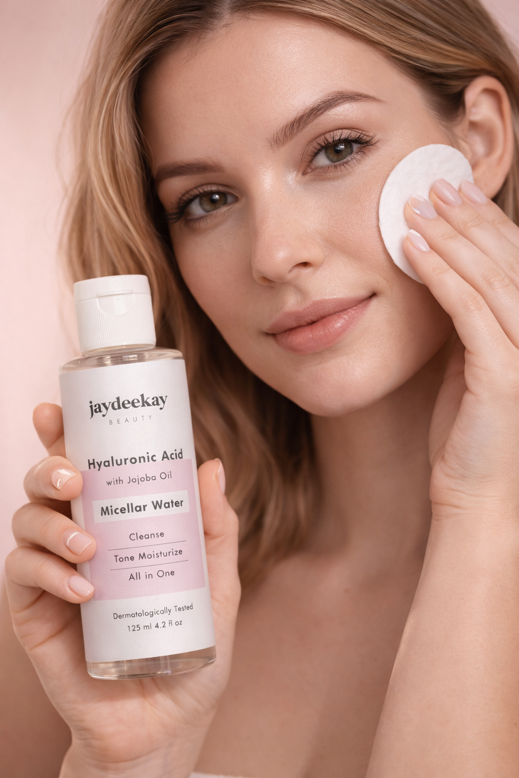 Woman applying facial cleanser with a bottle of JayDeeKay Hyaluronic Acid Micellar Water on a pink background