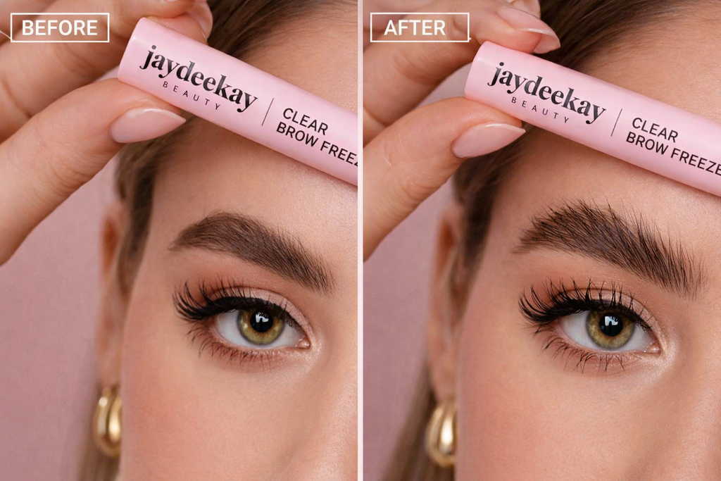Before and after comparison of a woman using Jaydeekay brow freeze product.