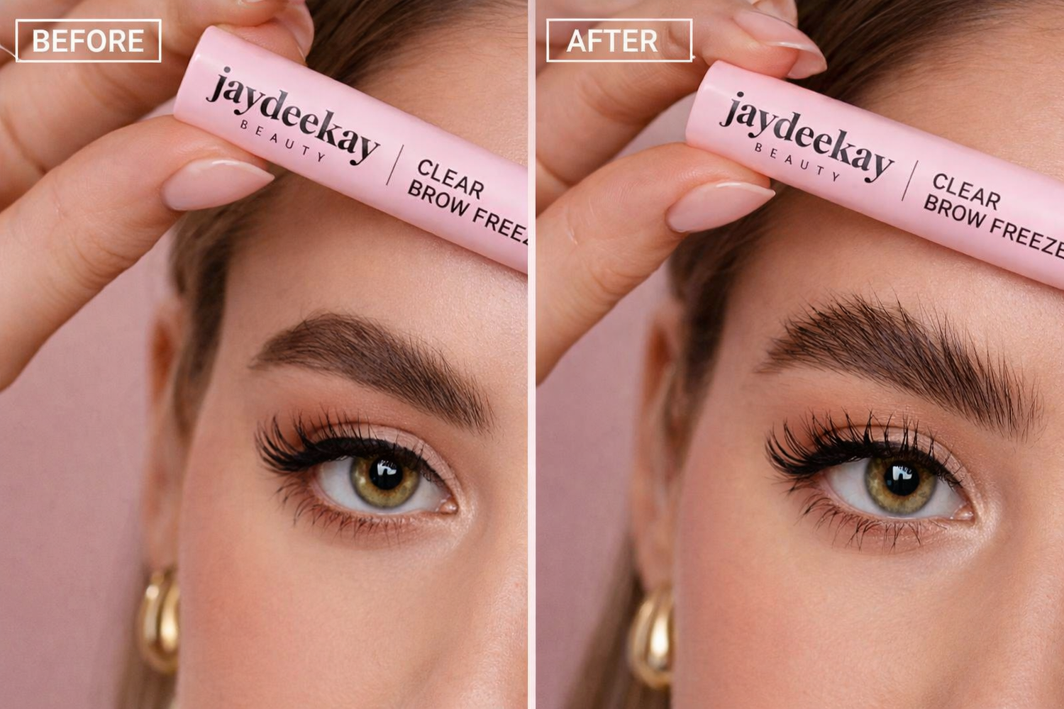 Before and after comparison of a woman using Jaydeekay brow freeze product.
