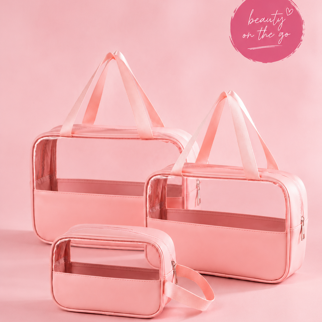 Set of three pink transparent cosmetic bags on a pink background with 'beauty on the go' text.