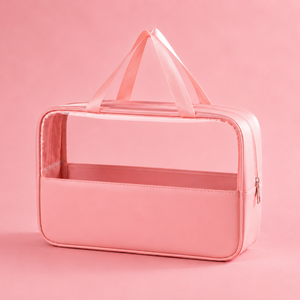 Pink transparent travel bag on a pink background